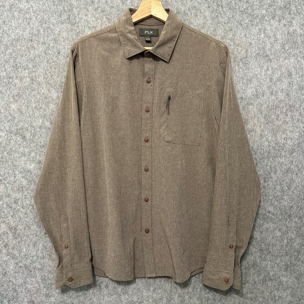 FLX Button Up Shirt Mens Medium Brown Long Sleeve Casual Stretch Zipper Pocket